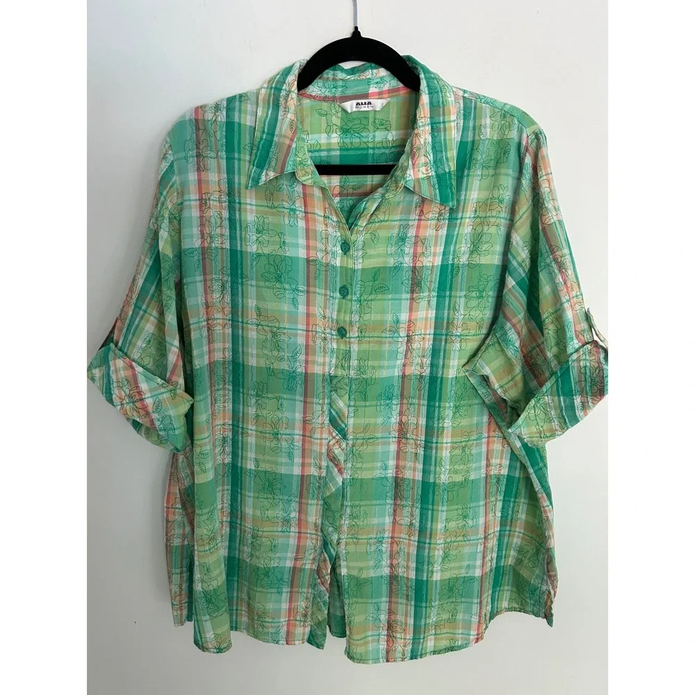 Alia Women Green Plaid Floral Button Up Shirt Short Sleeve Tab Textured Top - Picture 1 of 9